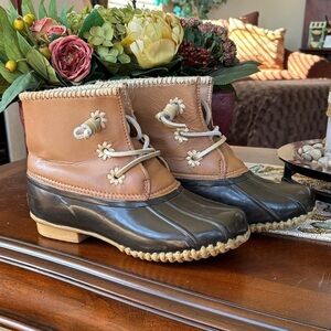 Jack Rogers Chloe Duck Classic Rain Boots Lace Up Leather Rubber Waterproof